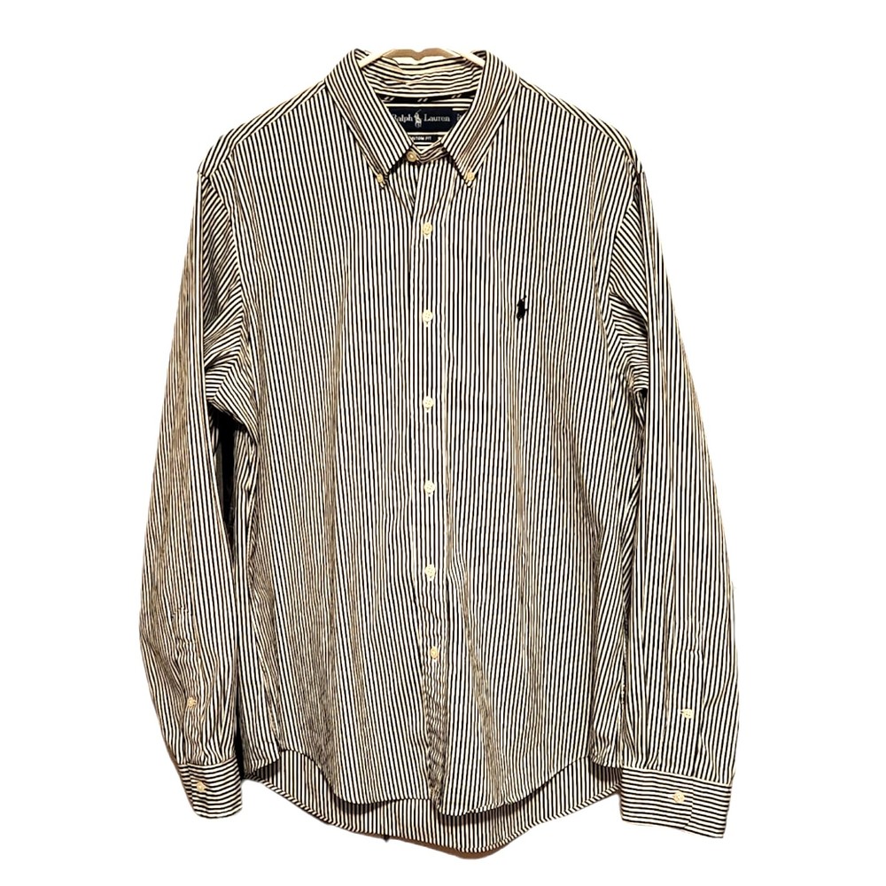 Ralph Lauren Shirt Custom Fit Long Sleeve Cotton Black White Stripe Mens Large